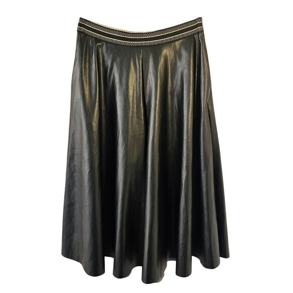 Halogen Black Faux Leather Midi Gaucho Split Skirt Sz M Stripe Elastic Waistband - Picture 7 of 9